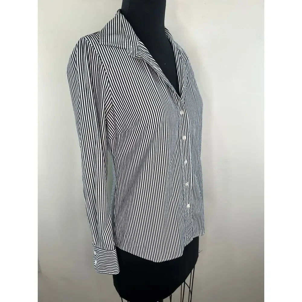 J Crew Stretch Perfect Top White Black Stripe Button Up Long Sleeve Shirt PS